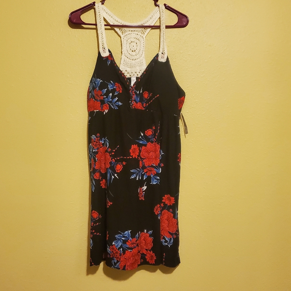 Black Floral Crochet-Back Summer Dress - Red & Blue Floral